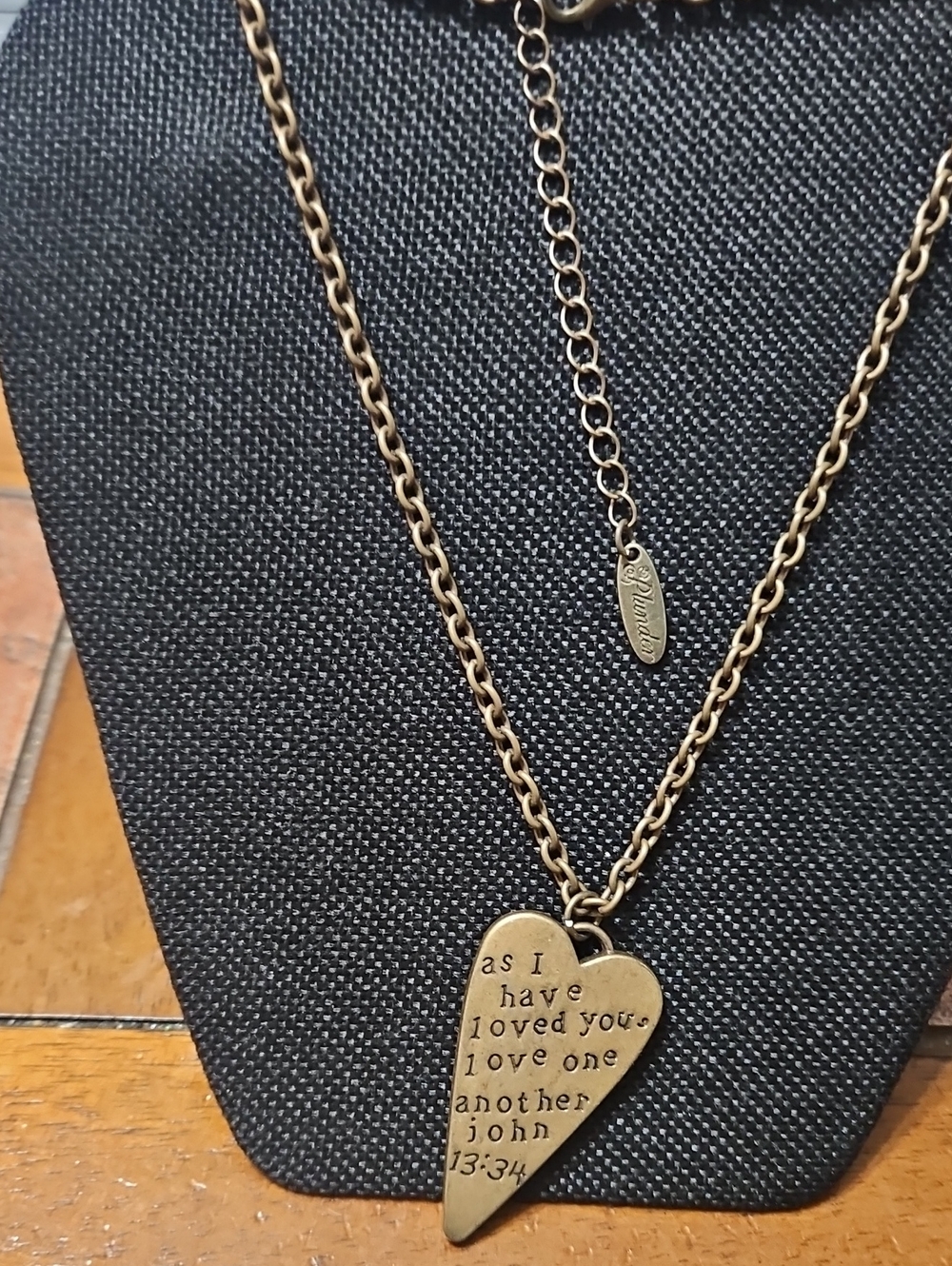 New Plunder Heart Pendant Necklace with Inscribed John 13:34 — Brass